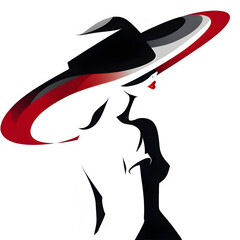 elegant woman wearing hat vector illustration - black and white stylized portrait of a beautiful girl with long hair.