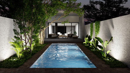 Large luxury modern bright swimming pool interiors Living room mockup illustration 3D rendering image - 765903702