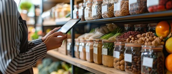 Nutrition consultation session in progress, where a nutritionist uses a tablet to show a client interactive meal planning software app against a background of a well-stocked healthy pantry. 