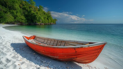 Photography of rowboat in wood. beach. white sand, beautiful view, island, generated with AI