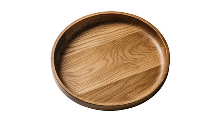 A round wooden serving tray seen from above isolated on a transparent background