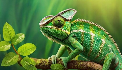 Obraz premium Green chameleon close-up on a green background