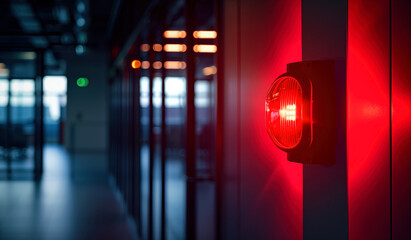 Emergency siren alert in office. Red flashing siren mounted on a modern office wall signaling an alert or emergency situation