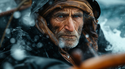 Fototapeta premium A close-up shot of a fearless sailor, his weathered hands firmly gripping the ship's wheel as he steers through treacherous waves, his unwavering resolve mirrored in the steely det