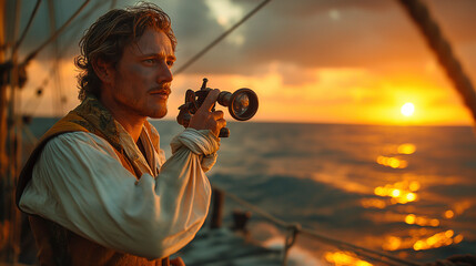 A cinematic portrayal of a courageous sailor standing on the prow of his ship, his vest flapping in the breeze as he scans the horizon with a spyglass, searching for signs of adven