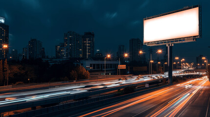 Fototapeta na wymiar White Blank Illuminated Billboard on Busy Road at Night, Generative AI