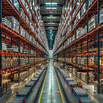 A large warehouse with many shelves and boxes. The boxes are stacked on top of each other and are organized in rows. The warehouse is very large and has a lot of space
