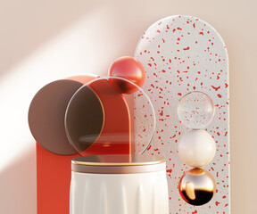 Geometric product presentation pedestal. A game of shapes and bright colors created by acrylic glass. Scene for beauty products, decorations, makeup and accessories. 3d.