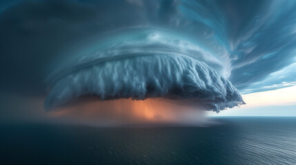 Ominous supercell thunderstorm clouds over ocean.