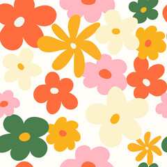 Trendy floral seamless pattern illustration. Vintage 70s style hippie flower background design. Colorful pastel color artwork, y2k nature backdrop with spring flowers.