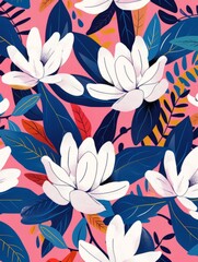 Pink background with various white flowers and leaves scattered throughout