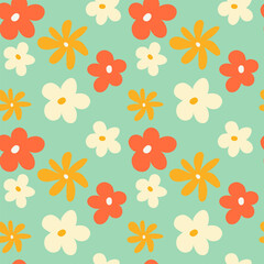 Trendy floral seamless pattern illustration. Vintage 70s style hippie flower background design. Colorful pastel color artwork, y2k nature backdrop with spring flowers.