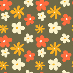 Trendy floral seamless pattern illustration. Vintage 70s style hippie flower background design. Colorful pastel color artwork, y2k nature backdrop with spring flowers.