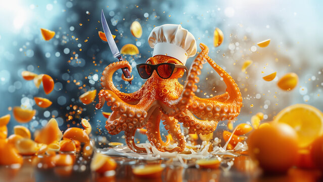 Octopus Tentacle as a chef cooking in the kitchen.