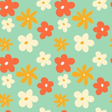 Trendy floral seamless pattern illustration. Vintage 70s style hippie flower background design. Colorful pastel color artwork, y2k nature backdrop with spring flowers. © Gulnoz