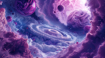 A futuristic ice cream space station orbiting a planet made entirely of frozen desserts