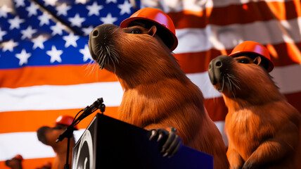 portrait of a capybara wearing a construction helmet speaking at a rally in front of other capybaras from a podium against the background of the American flag, Labor Day poster - obrazy, fototapety, plakaty