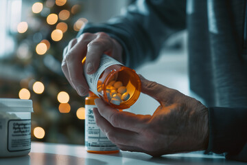 A person's hand, clad in a protective latex glove, holding a translucent orange prescription bottle filled with yellow capsules. - obrazy, fototapety, plakaty