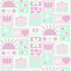 A pattern with spring motifs, flowers, sun, clouds in a simple style.