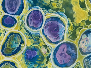 Microscopic view of stained cells, showcasing intricate details of cellular structures and division. Abstract microbiology background - 765906176