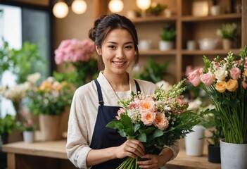Photo of a smiling Japanese woman working inside a florist shop, surrounded by beautiful flowers and greenery