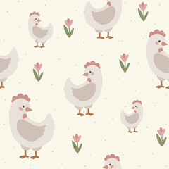 Chicken seamless pattern, hand drawn cute kids background, vintage retro pallete
