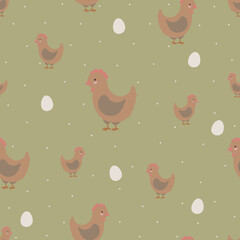 Chicken and eggs seamless pattern, hand drawn cute kids background, vintage retro pallete