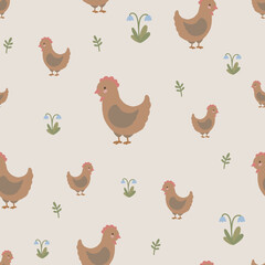 Chicken seamless pattern, hand drawn cute kids background, vintage retro pallete