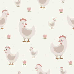 Chicken seamless pattern, hand drawn cute kids background, vintage retro pallete
