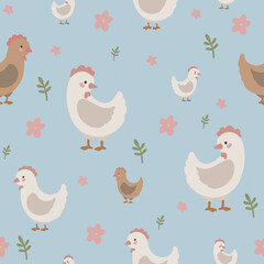 Chicken seamless pattern, hand drawn cute kids background, vintage retro pallete