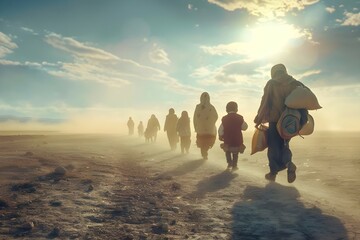 Photo of refugees including children fleeing wartorn areas due to conflict and climate change highlighting humanitarian crisis and global political issues. Concept Refugee Crisis - obrazy, fototapety, plakaty
