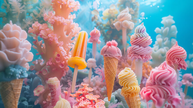 Popsicle and ice cream underwater world - oceanic summer adventure