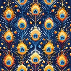 seamless pattern of colorful peacock tail feathers on blue background