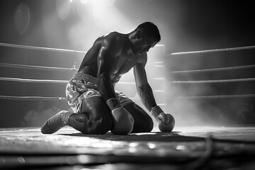 A tired boxer is rising from the floor - motivate emotional impact concept