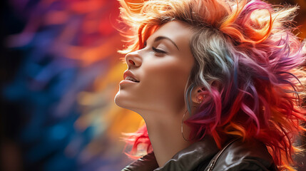 Picture shows a person with vibrant, colorful hair up close, displaying a unique and artistic style. - obrazy, fototapety, plakaty