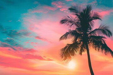 A palm tree stands tall, outlined in a crisp silhouette, as it contrasts beautifully against a vibrant and colorful sunset sky