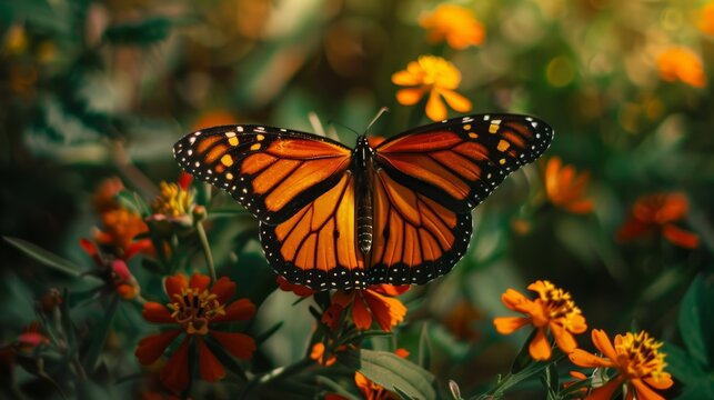 Monarch butterfly on orange flowers. Macro photography of vibrant butterfly in a garden, spring and ecology concept.