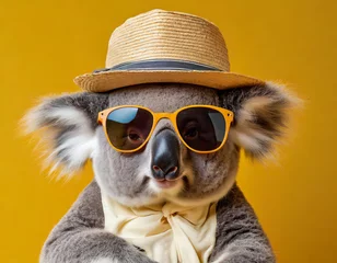 Foto auf Alu-Dibond a koala with sunglasses and a hat, ready for the summer, on a monochrome yellow background © Pasqualino