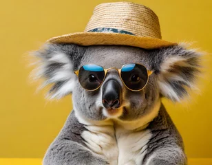 Fotobehang a koala with sunglasses and a hat, ready for the summer, on a monochrome yellow background © Pasqualino