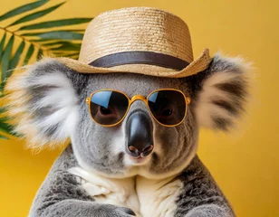 Foto op Plexiglas a koala with sunglasses and a hat, ready for the summer, on a monochrome yellow background © Pasqualino