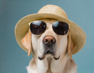A Labrador wearing sunglasses and a hat, ready for summer, against a monochrome light blue...