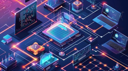 Isometric illustration of a computer network and data processing with glowing connections. - obrazy, fototapety, plakaty
