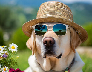 A Labrador wearing sunglasses and a hat, ready for summer, against a monochrome light blue...
