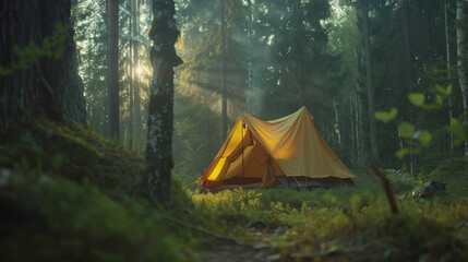 Tourists camping tent in summer forest - obrazy, fototapety, plakaty