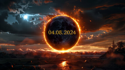 total solar eclipse logo, text "4.8.24"generative ai