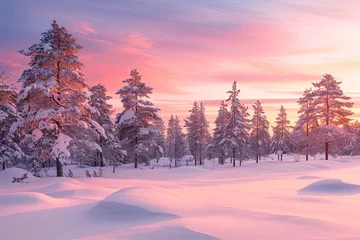 Zelfklevend Fotobehang Beautiful pink color winter sunset landscape with snowy forest big pine trees covered snow from Levi, Lapland, Finland © Barra Fire