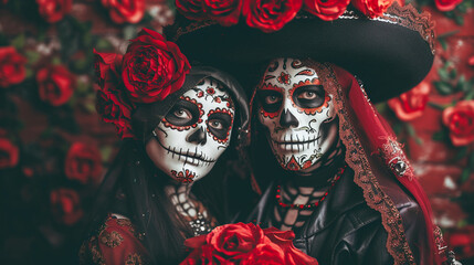 Naklejka premium portrait of a couple dressed as La Calavera Catrina to honor the dead in Mexico