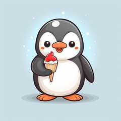 Fototapeta premium Cute penguin with ice cream on blue background