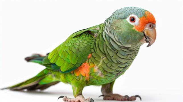 Green and orange parrot standing profile. Studio animal portrait with white background