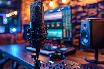 A microphone is sitting on a table in a studio. The studio is dimly lit and has a warm, cozy...